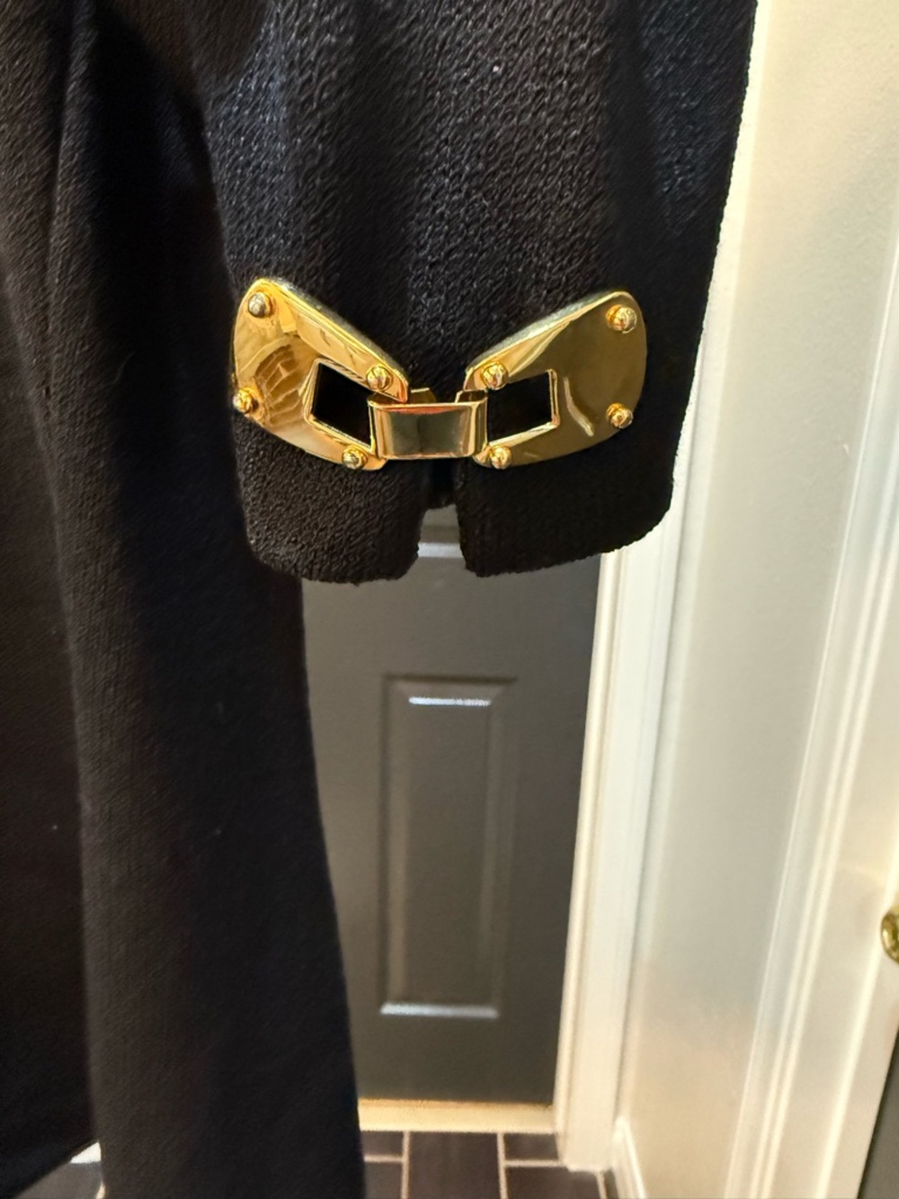 St. John Black Knit Blazer with Zipper Front and Gold Tone Hook and Eye Closures - Picture 4 of 9